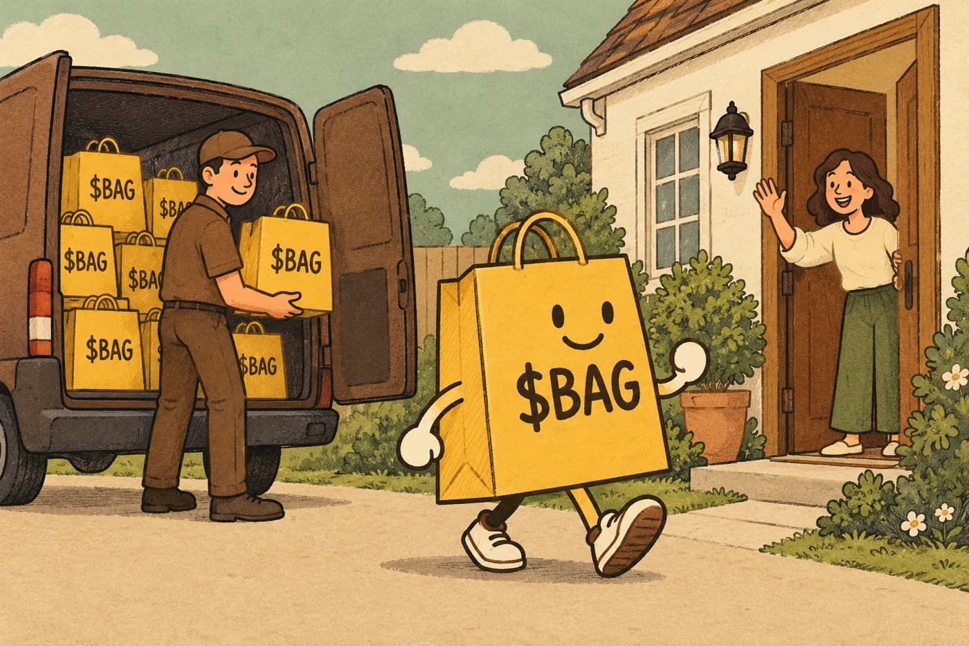 A happy BAG courier and a walking yellow bag deliver to a holder at home